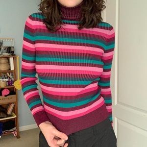 pink/purple & teal ribbed striped long sleeve turtleneck by 525 america